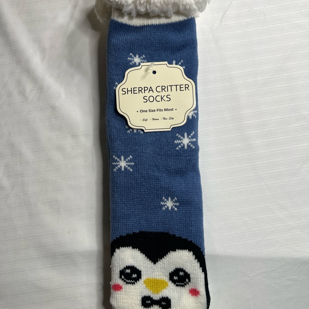Blue Sherpa Critter Socks with Penguin Design